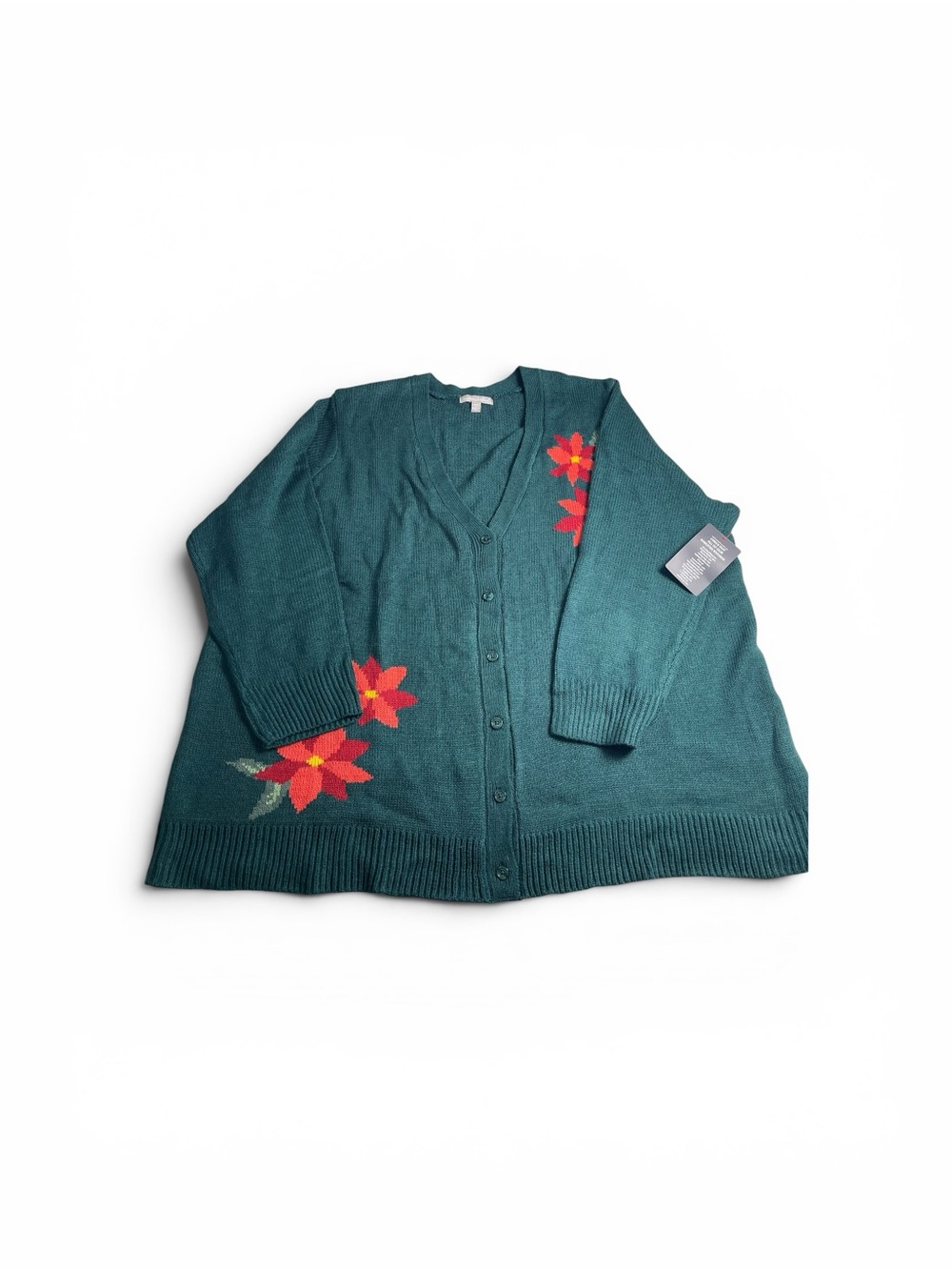 Woman Within Teal V-Neck Button Cardigan with Red Floral Accents 3XL